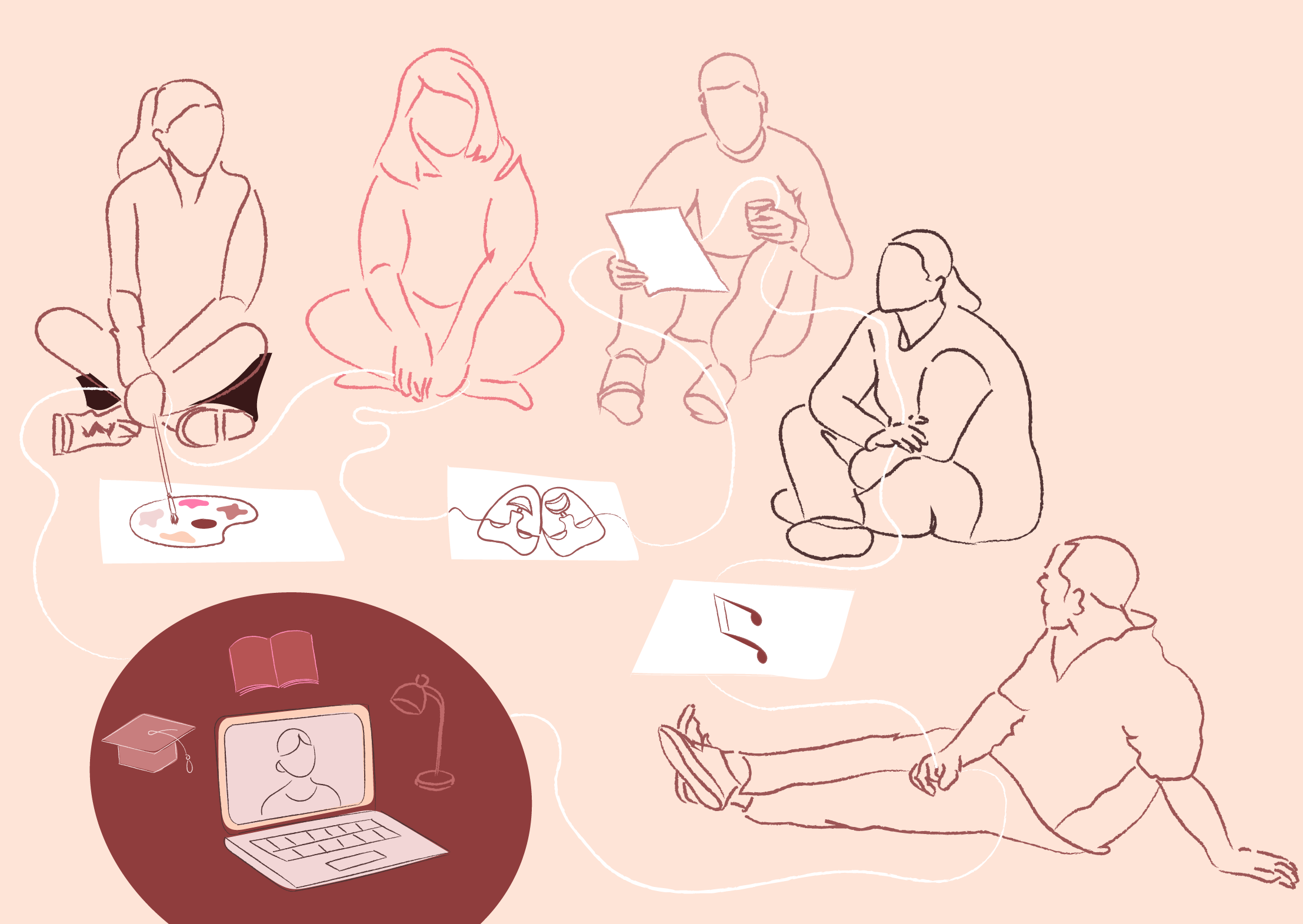 banner contendo professores e professoras,pincel, notas, musicais um computador.