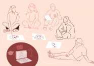 banner contendo professores e professoras,pincel, notas, musicais um computador.