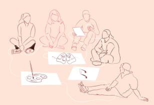 Banner contendo professores e professoras, pincel, nota musical e máscaras.