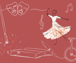 Banner contendo livro, caneta, pincel, clave de sol, máscaras, bailarina e monociclo.