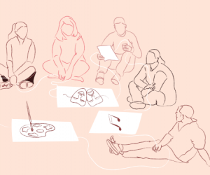 Banner contendo professores e professoras, pincel, nota musical e máscaras.