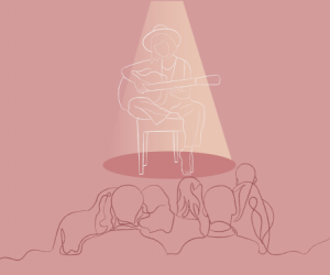 Banner contendo pessoas e um músico com violão