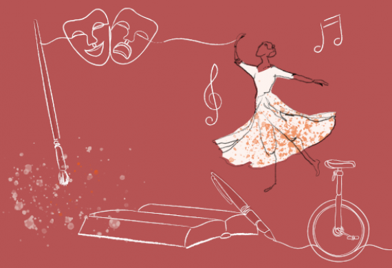 Banner contendo livro, caneta, pincel, clave de sol, máscaras, bailarina e monociclo.