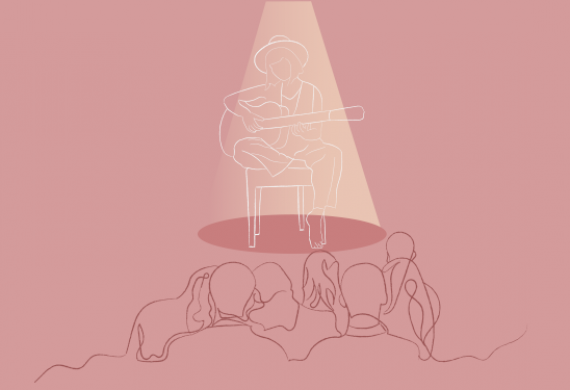 Banner contendo pessoas e um músico com violão