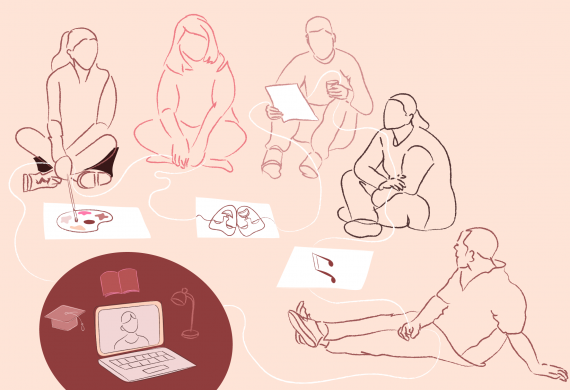 banner contendo professores e professoras,pincel, notas, musicais um computador.